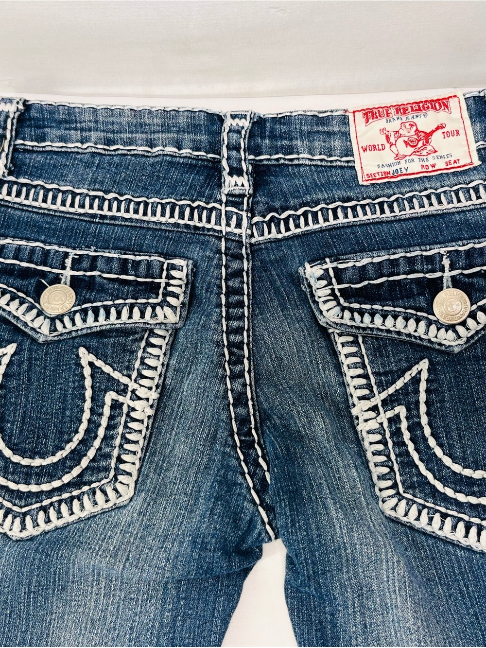 True Religion Women's Blue Denim Jeans with White Contrast Stitching